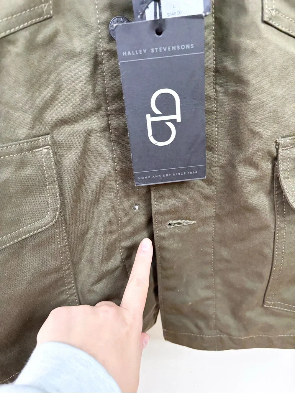 Buck Mason surplus green dry waxed canvas highland jacket size L men’s flaw